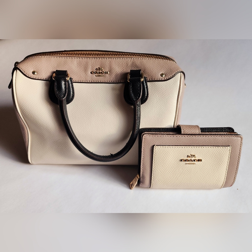 Coach Cream and Black Handbags Satchel and Wallet Set - Mini Bennett